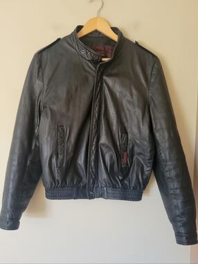 Vintage Oversized Black Leather Bomber Moto Grunge Jacket Coat Size Medium